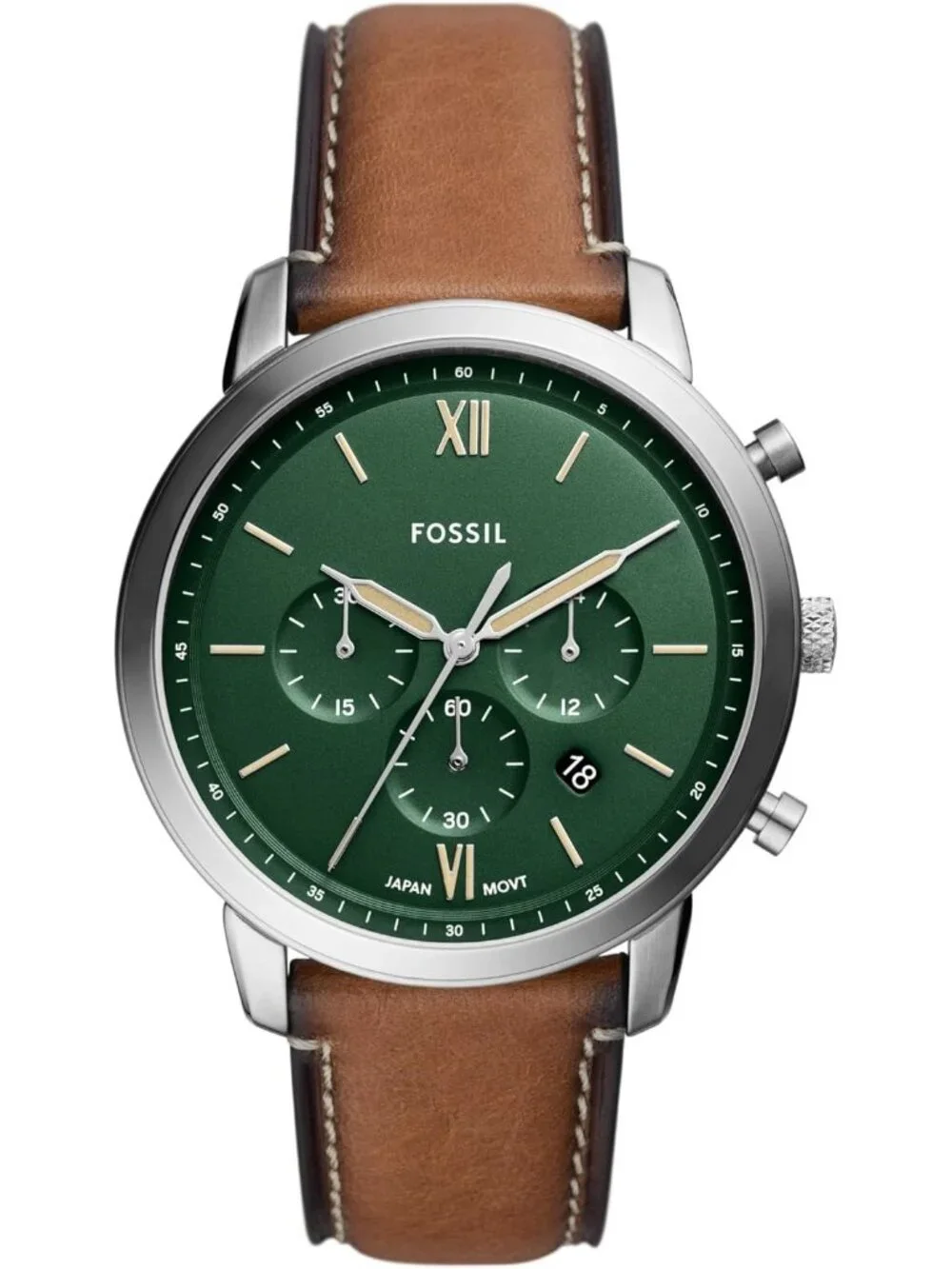 Men's Brown Leather Silver Green Neutra Quartz Stainless Steel Chronograph Watch